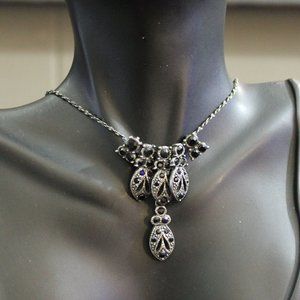 JS Marked Silver Tone Faux Marcasite Black Necklace and Earring Set